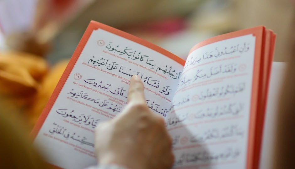 Close-up of a person reading an Arabic text, highlighting cultural education and learning.